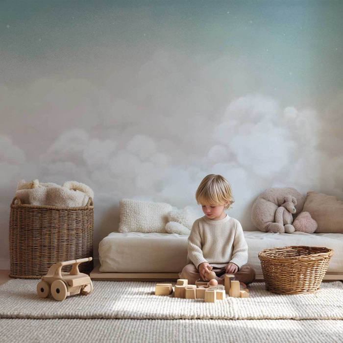Papier peint nuages doux chambre bébé - Nuages de Ouate Intissé