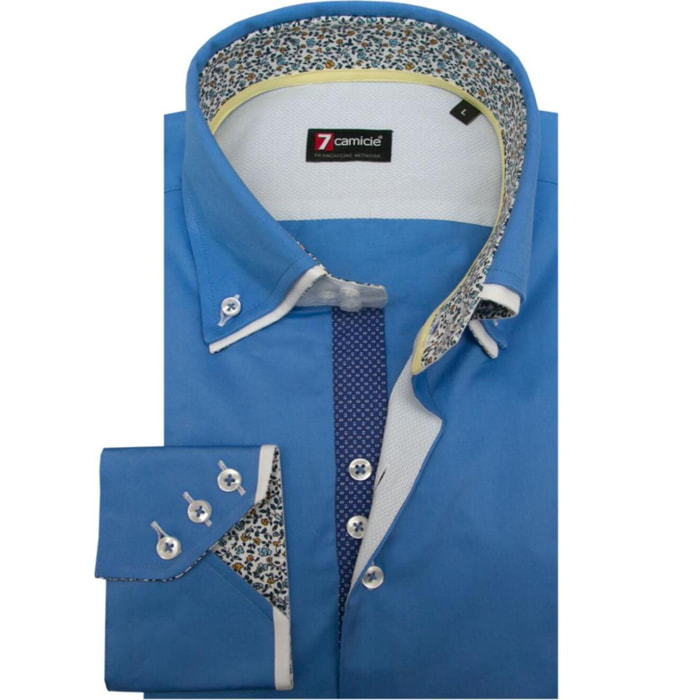 Camicia Uomo 3 Bottoni Button Down Doppio Collo Slim Sa Celeste Medio