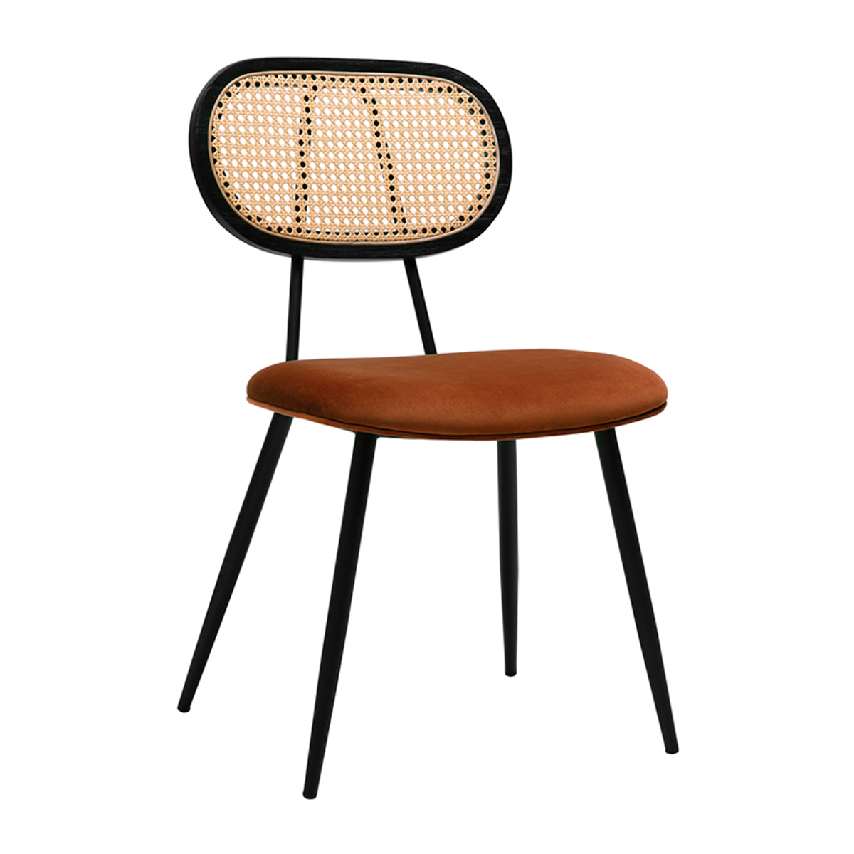 Chaises design en velours terre brûlée, métal noir et cannage rotin (lot de 2) SWANN
