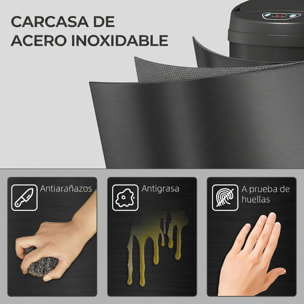 HOMCOM Cubo de Basura Cocina Automático 42 L, Papelera de Cocina de Acero Inoxidable, Sensor Infrarrojo, Cierre Automático, Antihuellas, para Dormitorio, Oficina, Negro