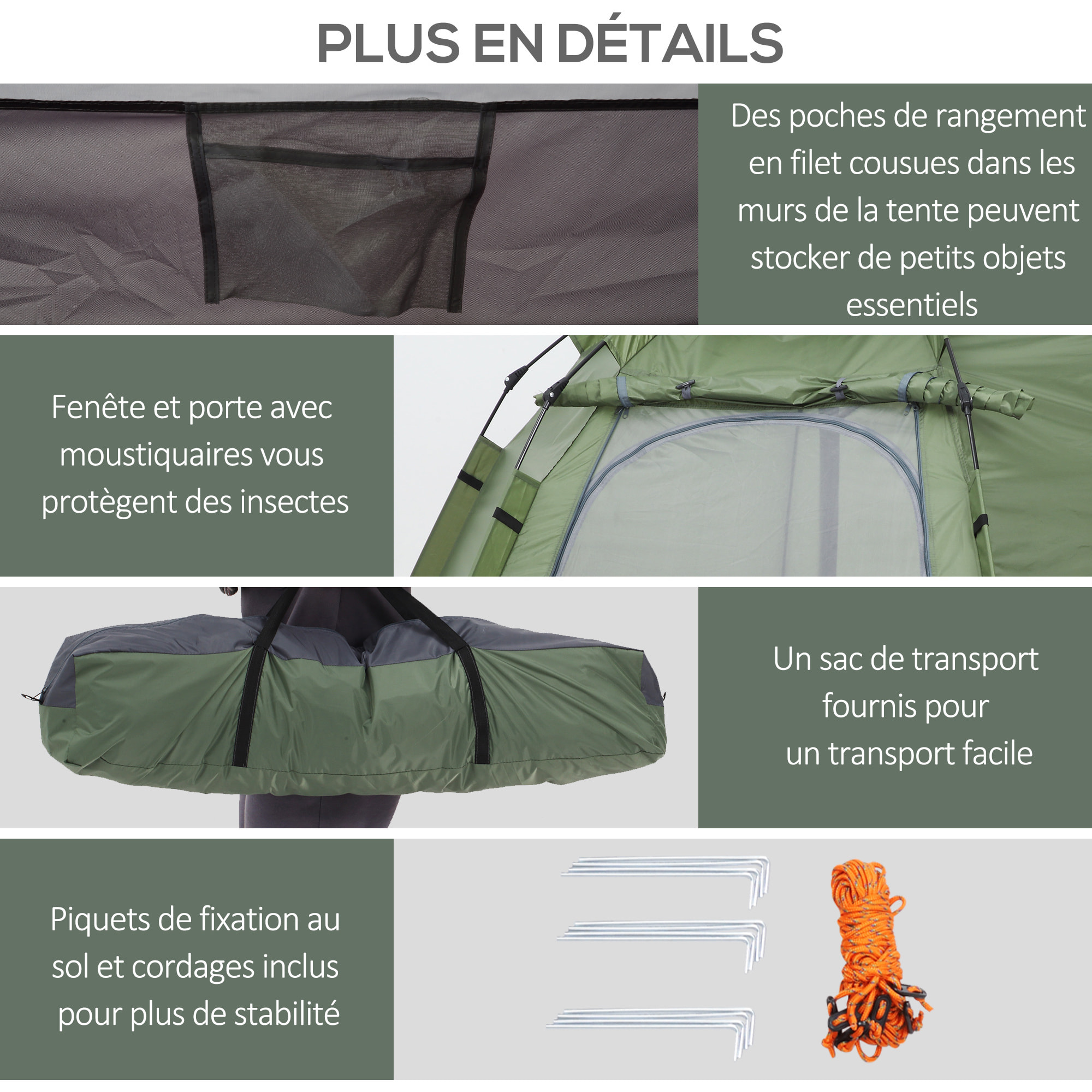 Tente pop up montage instantané - tente de camping 3-4 pers.  - 2 grandes portes - dim. 2,6L x 2,6l x 1,5H m fibre verre polyester oxford vert gris