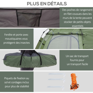 Tente pop up montage instantané - tente de camping 3-4 pers.  - 2 grandes portes - dim. 2,6L x 2,6l x 1,5H m fibre verre polyester oxford vert gris