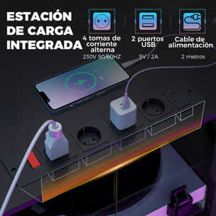 Mesa Gaming Doble, Escritorio Extralargo de 244 cm, Mesa Gamer con Estación de Carga, Puertos USB, Soportes para Monitor, Cajones de Tela y Ganchos para Auriculares, Negro