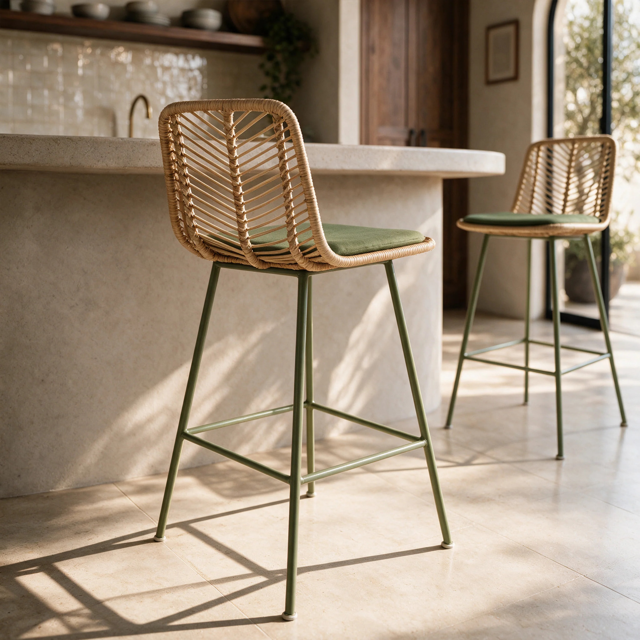Lot de 2 chaises pour îlot central 66 cm en rotin et tissu vert - Tamara