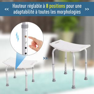 Siège de douche réglable en hauteur tabouret de douche ergonomique pieds antidérapants charge max. 136 Kg alu HDPE blanc