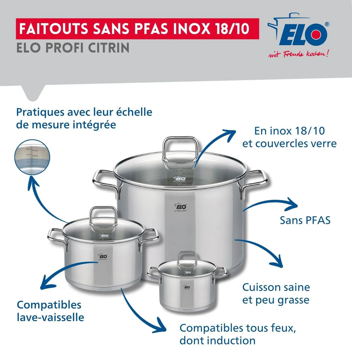 Ensemble de 2 Poêles de cuisson 24 et 32 cm et 3 faitouts 12, 16 et 26 cm Elo Profi Citrin