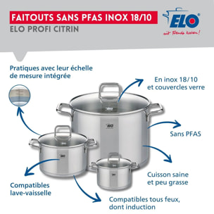 Ensemble de 2 Poêles de cuisson 24 et 32 cm et 3 faitouts 12, 16 et 26 cm Elo Profi Citrin
