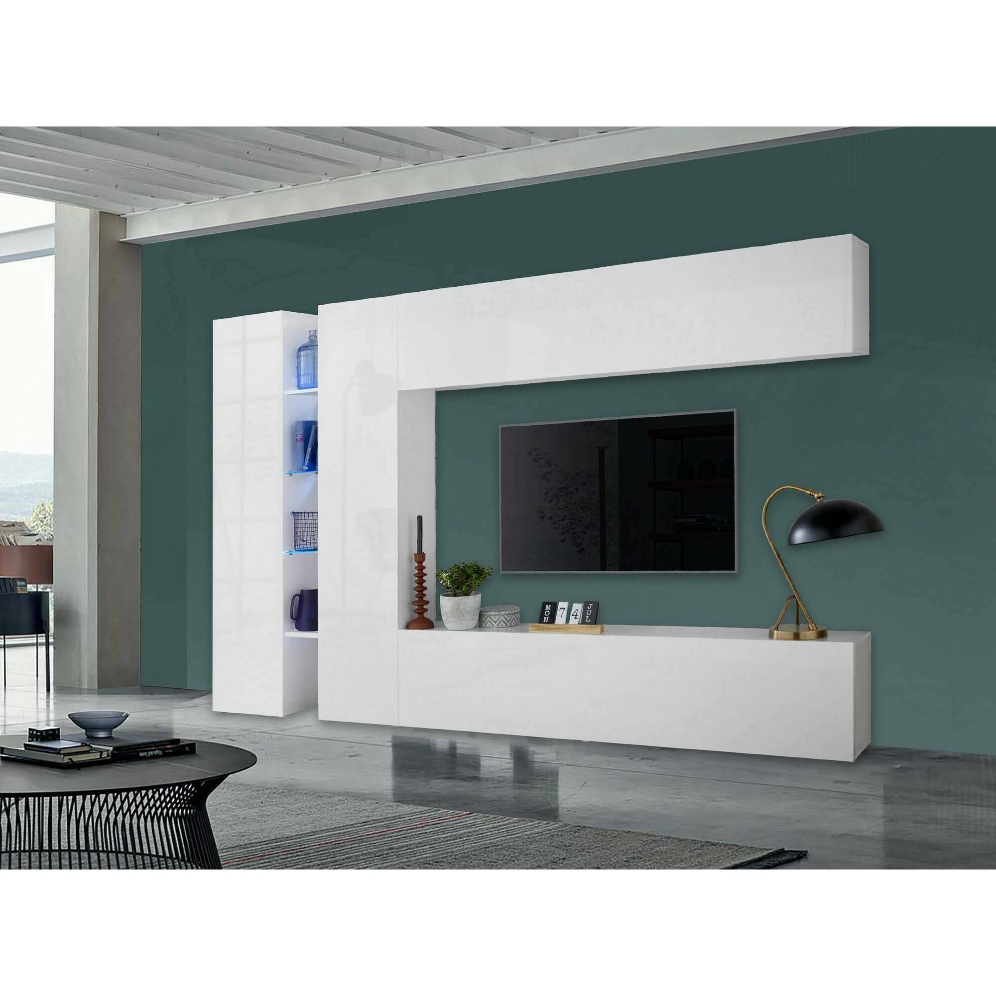 Parete attrezzata Costanzo, Set salotto porta TV a 4 ante, Mobile soggiorno multiuso, 100% Made in Italy, cm 280x30x180, Bianco lucido