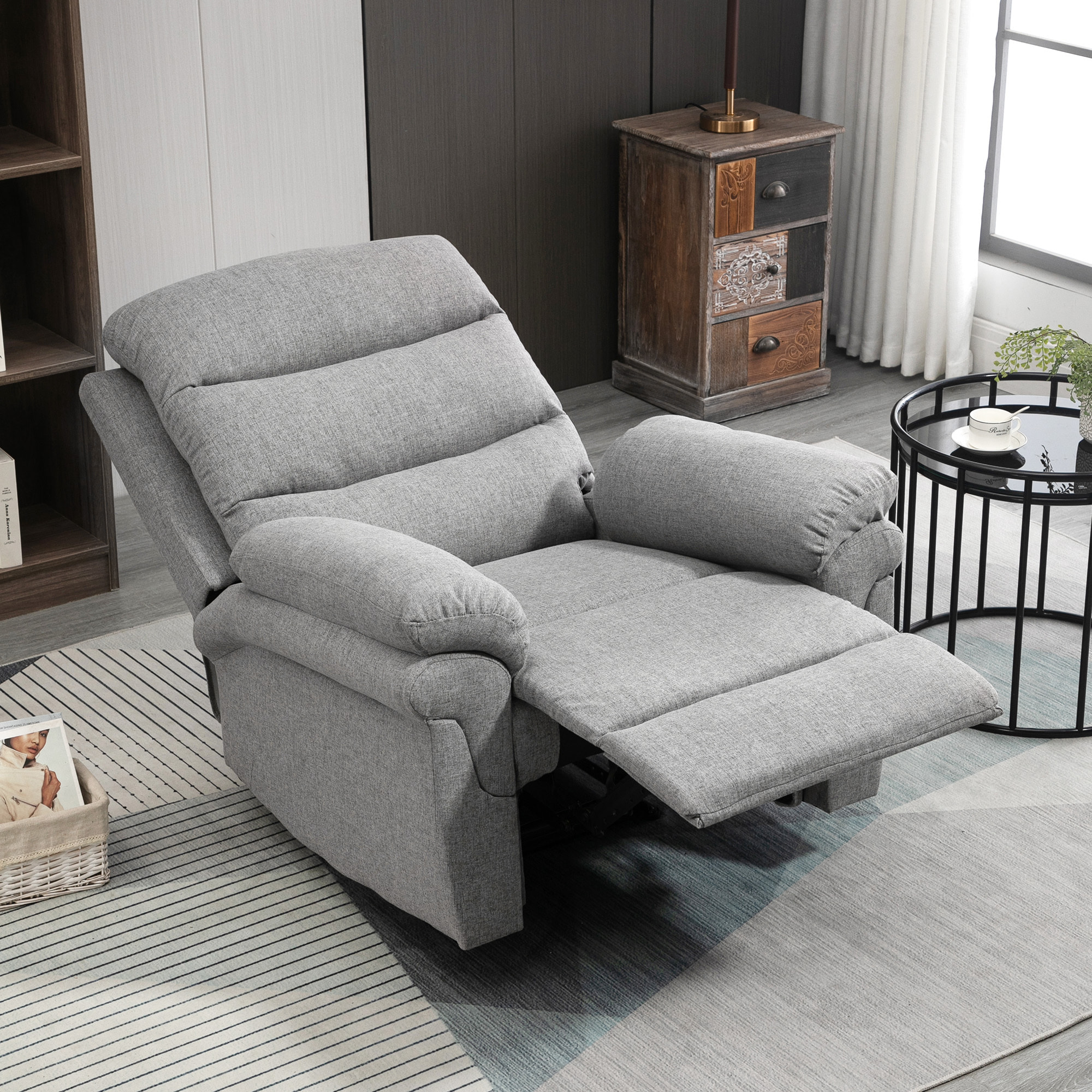 Fauteuil de relaxation inclinable manuel avec repose-pied ajustable tissu polyester aspect lin gris clair chiné