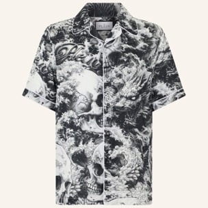 PHILIPP PLEIN Linen Bowling Shirt All-Over Ceramic
