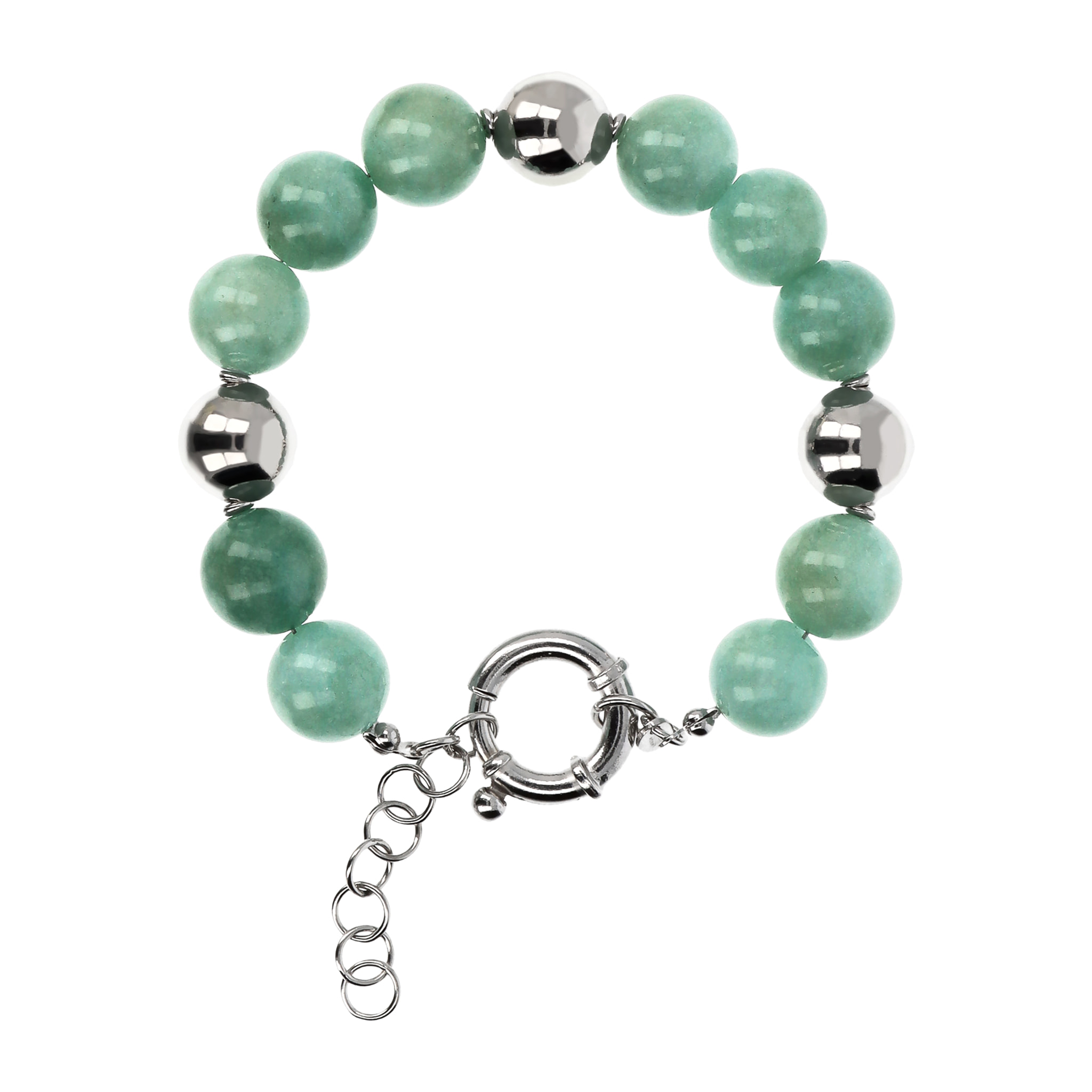 Bracciale di Sfere Argentate e in Pietra Naturale Quarzite Verde in Argento 925 placcato Rodio