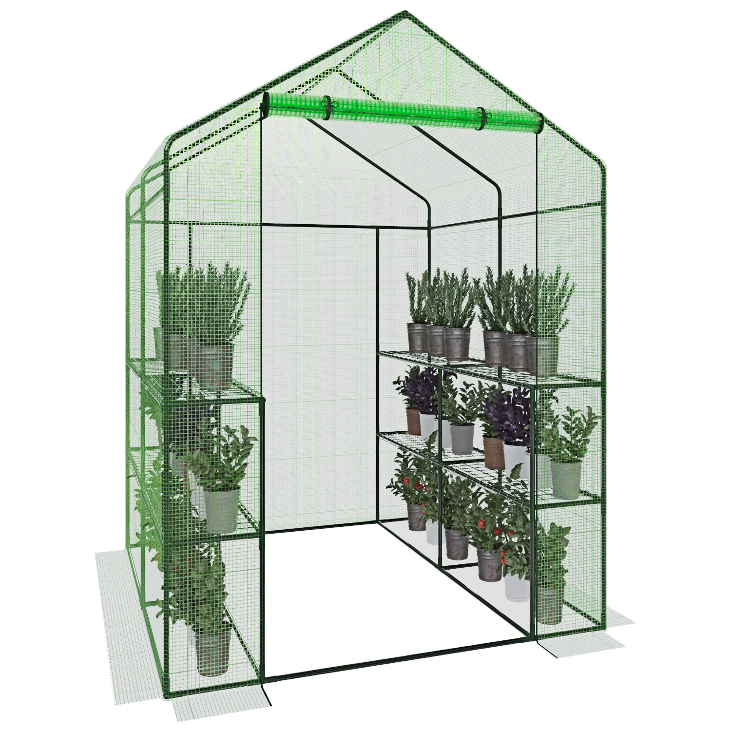 Serra Da Giardino Con 8 Scaffali Ripiani Per Piante Orto Telaio Acciaio Verniciato Telo PE Verde Porta Avvolgibile Apertura A Cerniera 143x138x190 Cm