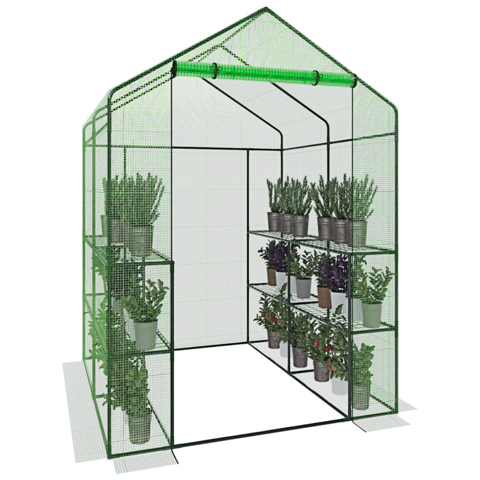 Serra Da Giardino Con 8 Scaffali Ripiani Per Piante Orto Telaio Acciaio Verniciato Telo PE Verde Porta Avvolgibile Apertura A Cerniera 143x138x190 Cm