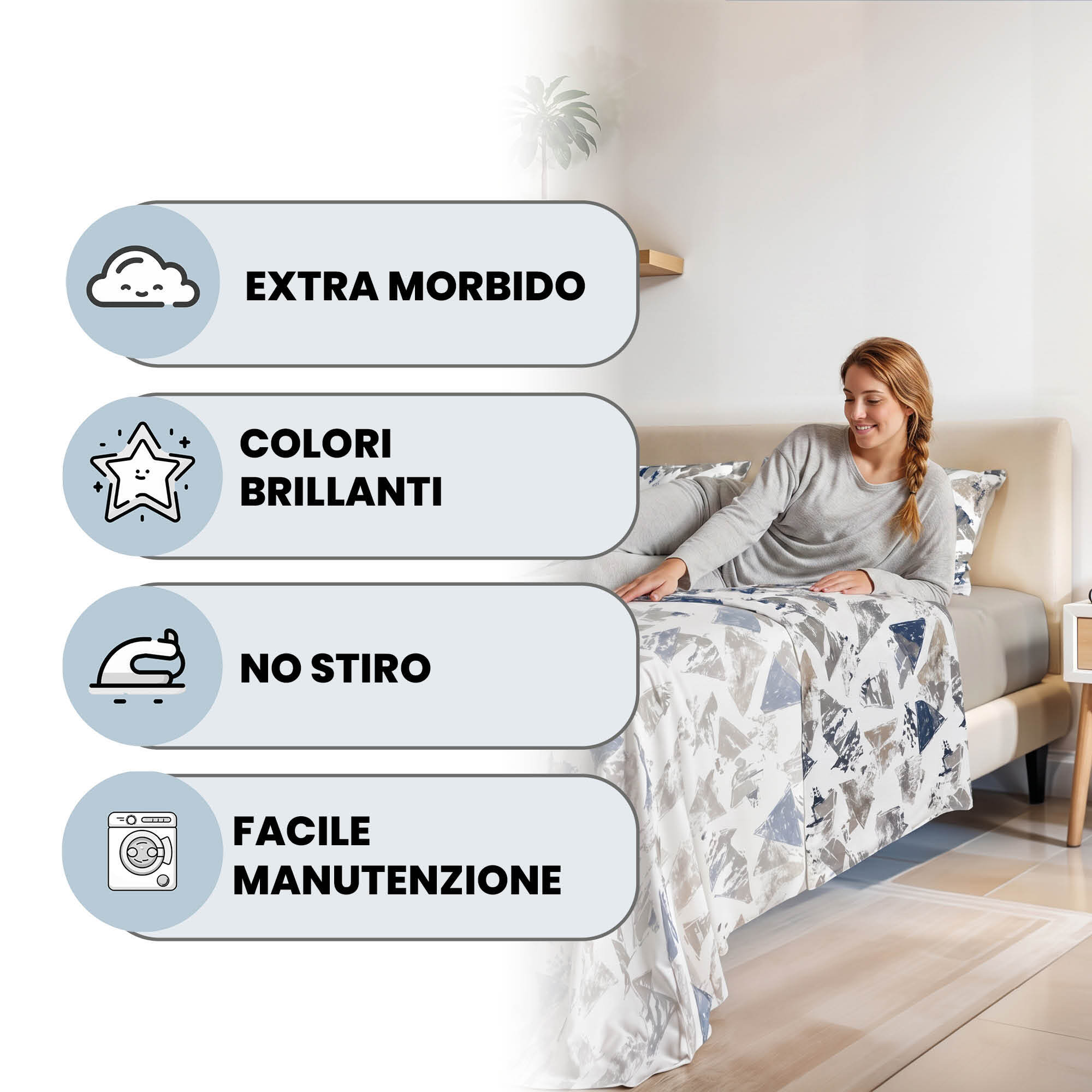 COMPLETO LETTO FASHION, 100% Microfibra, No Stiro - URBAN BLU