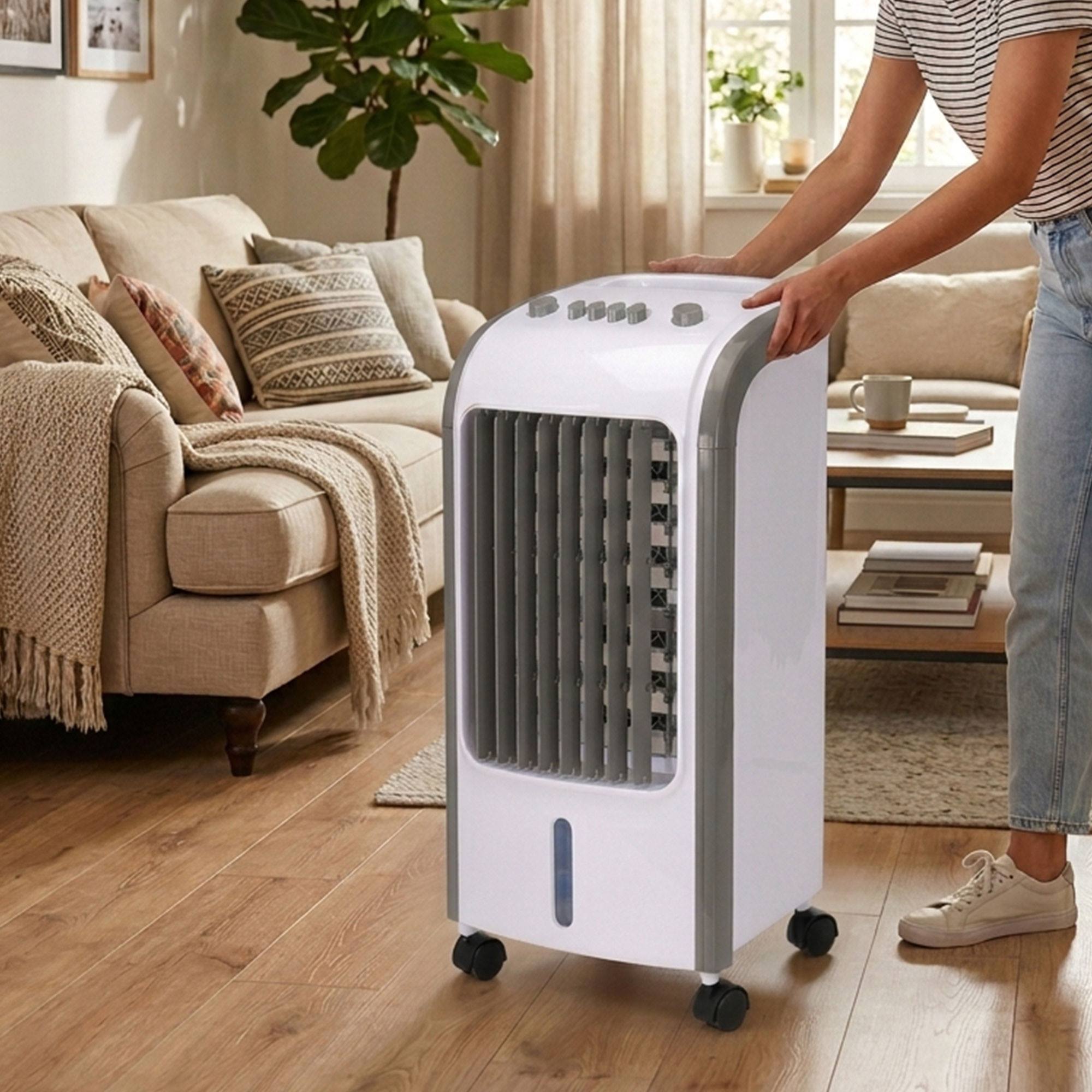 Well Home Aparato aire acondicionado 80W, 26x24x57cm, blanco/gris, depósito 3,5L, 3 velocidades, oscilación 360°