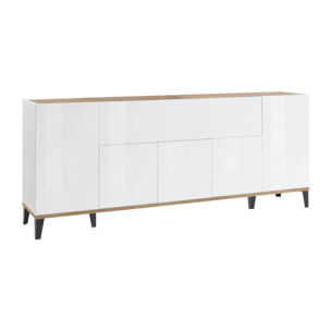 Credenza moderna a 6 ante, Made in Italy, Madia da cucina rialzata, Buffet di design da soggiorno, Cm 200x40h82, Bianco lucido e Acero