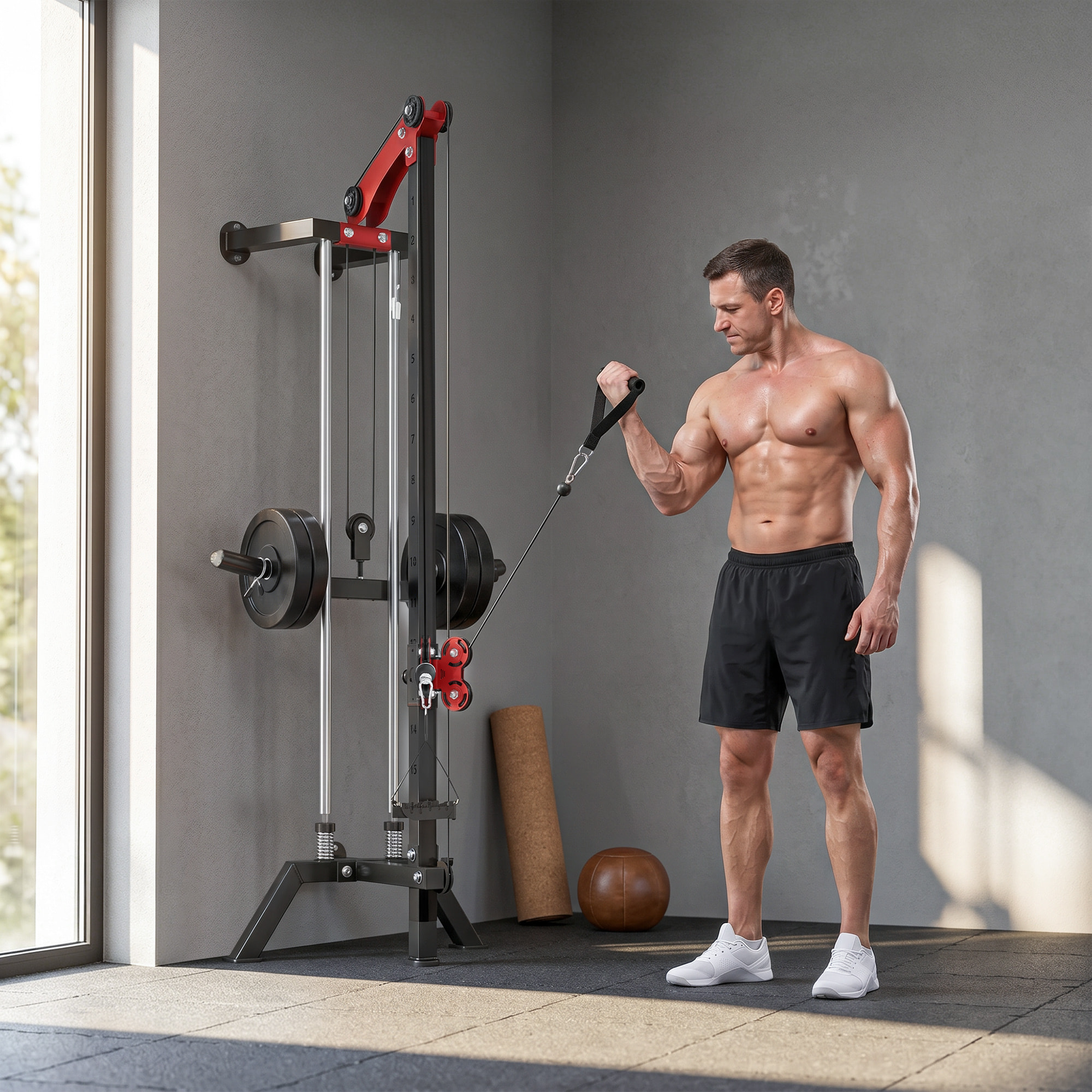 Máquina Polea Alta y Baja de Pared, Estación de Polea Ajustable en 16 Posiciones, Máquina de Musculación con Barra para Jalones y Manillar para Entrenamiento de Fitness en Gimnasio en Casa