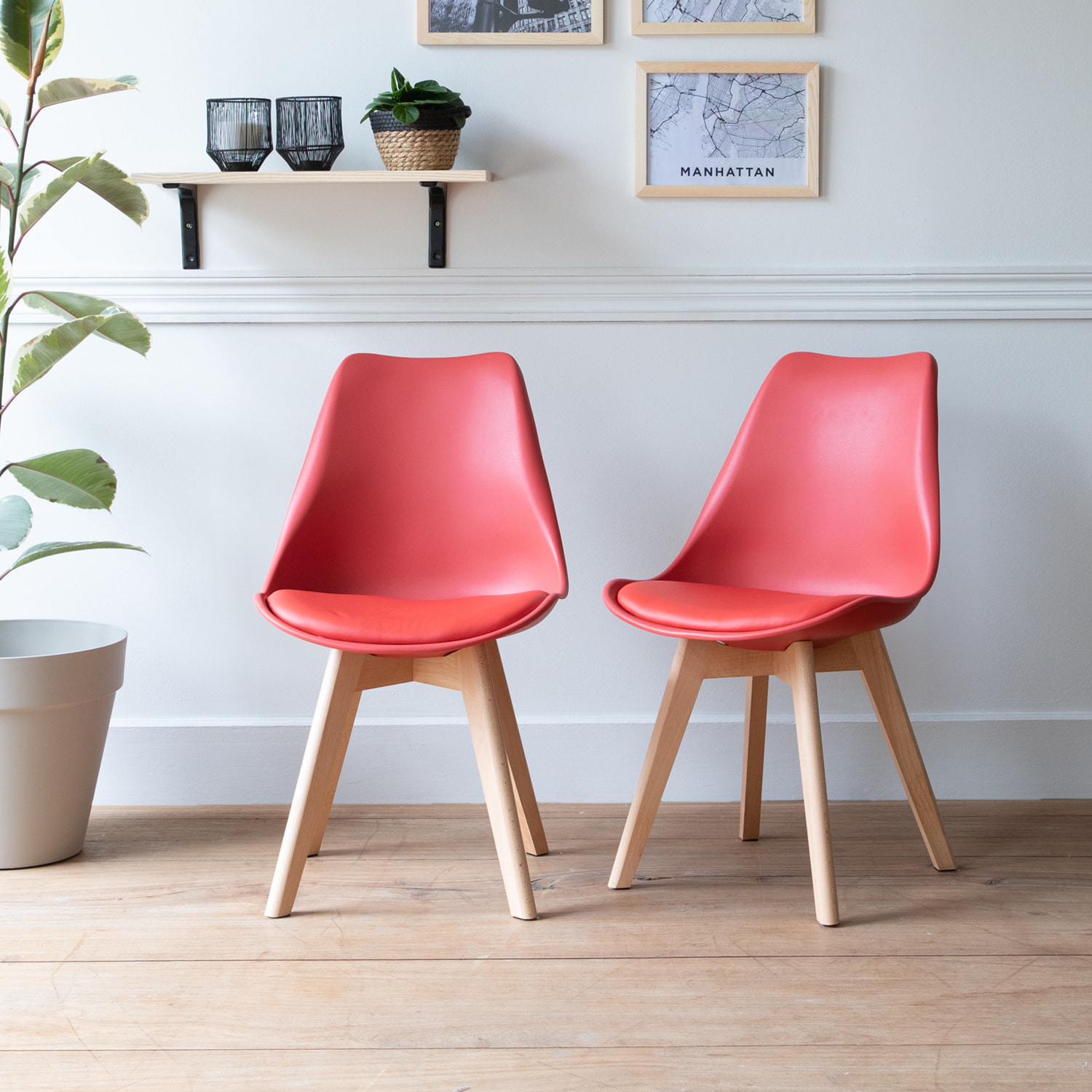 Lot de 2 chaises scandinaves NORA rouge avec coussin
