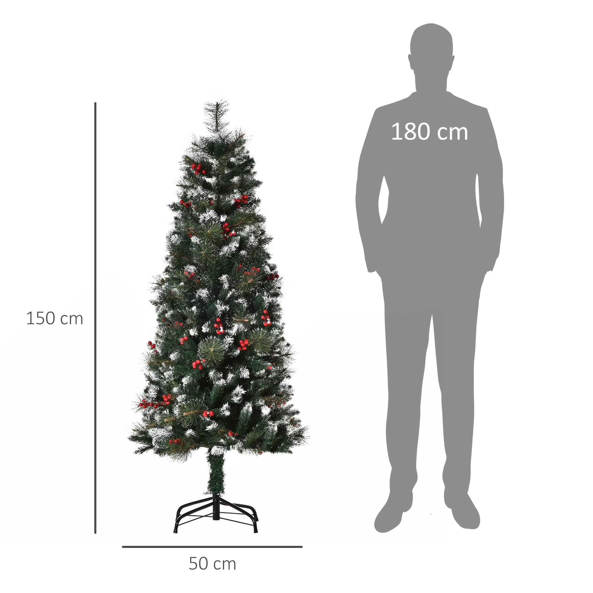 Árbol de Navidad Artificial con Nieve 150 cm Ignífugo con 360 Ramas 38 Bayas Base Plegable y Soporte Metálico Decoración Navideña para Interiores Verde