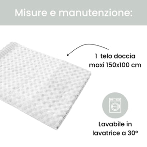 Telo doccia maxi in cotone spugna assorbente e morbido, asciugamano bagno grande e avvolgente, elevata capacità di assorbenza 300 gr/mq, ideale per doccia e bagno, confortevole sulla pelle, resistente ai lavaggi, dimensioni 150x100 cm