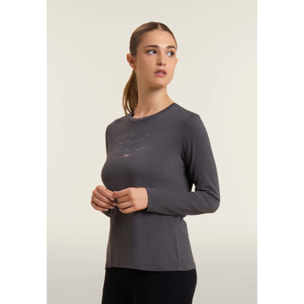 T-shirt donna manica lunga con scritta e strass