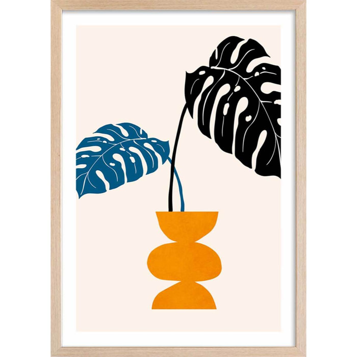 Affiche graphique ""plante en pot"" Affiche + cadre en bois - Chêne