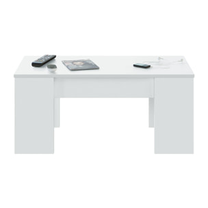 Tavolino da salotto Oceanside, Tavolino da caffè con piano elevabile, Tavolo basso da soggiorno, cm 100x50h45/56, Bianco lucido