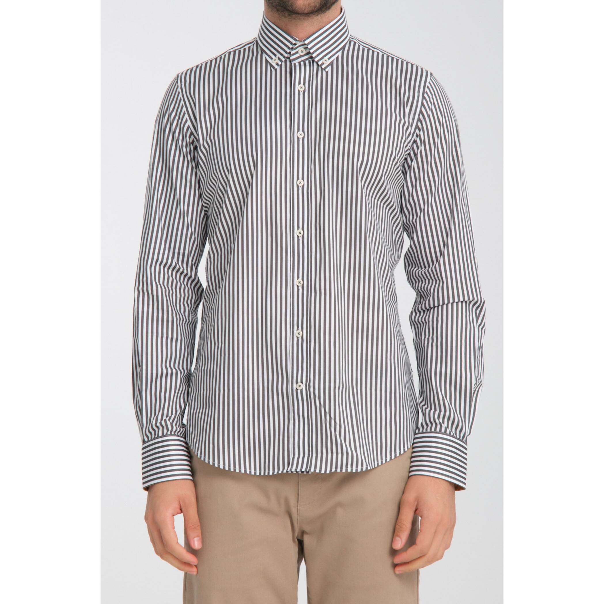 camicia uomo 1 bottone button down slim Popeline Stretch Riga Media Bianco e Grigio Scuro
