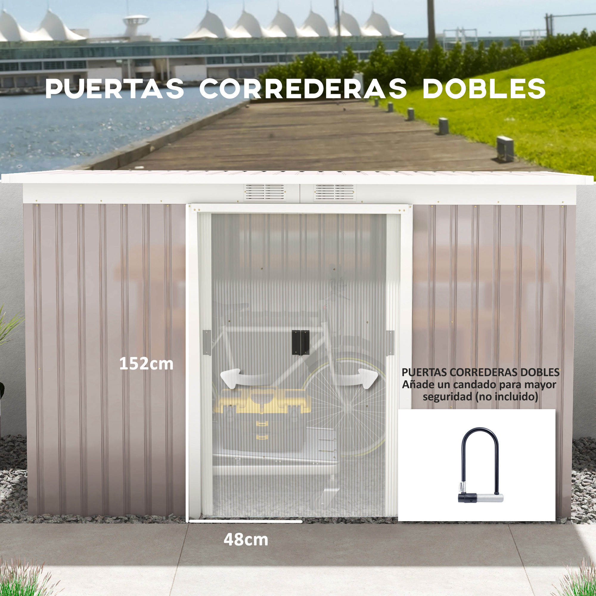 Caseta de Jardín Exterior 3,2 m² 280x130x172 cm Cobertizo de Jardín Exterior con Puerta Corredera Techo Inclinado Base Refuerzo (Suelo NO Incluido) y 2 Ventanas Gris Claro