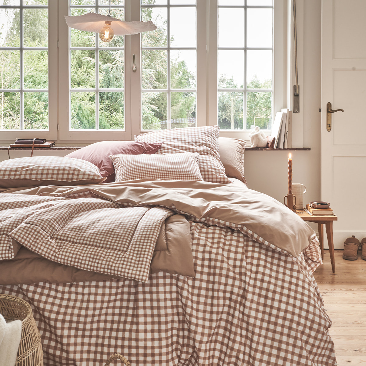 Edredon imprimé en percale de coton, Made in France, VICHY , Beige Dune