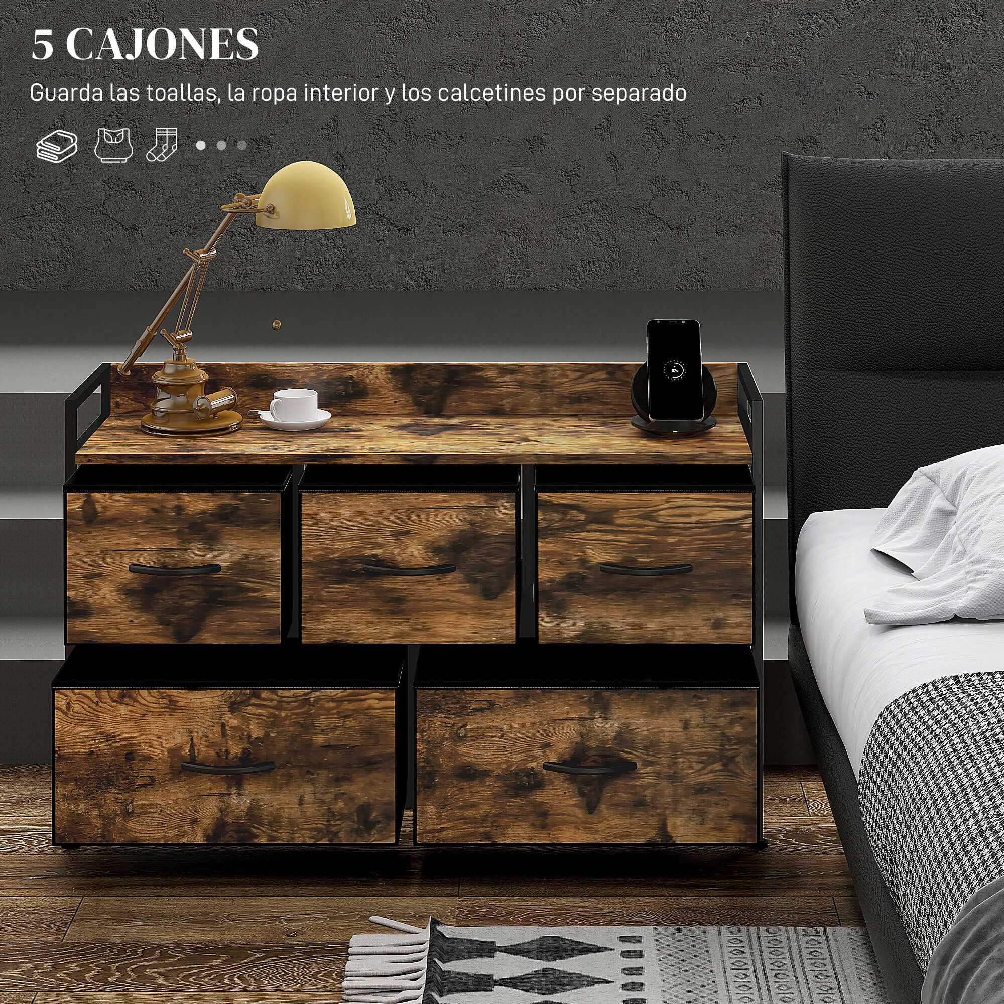 Mueble Organizador Cajonera de Tela con Cajones Plegables y Marco de Acero Estilo Industrial para Salón Recibidor Dormitorio 98x29x63 cm Marrón Rústico