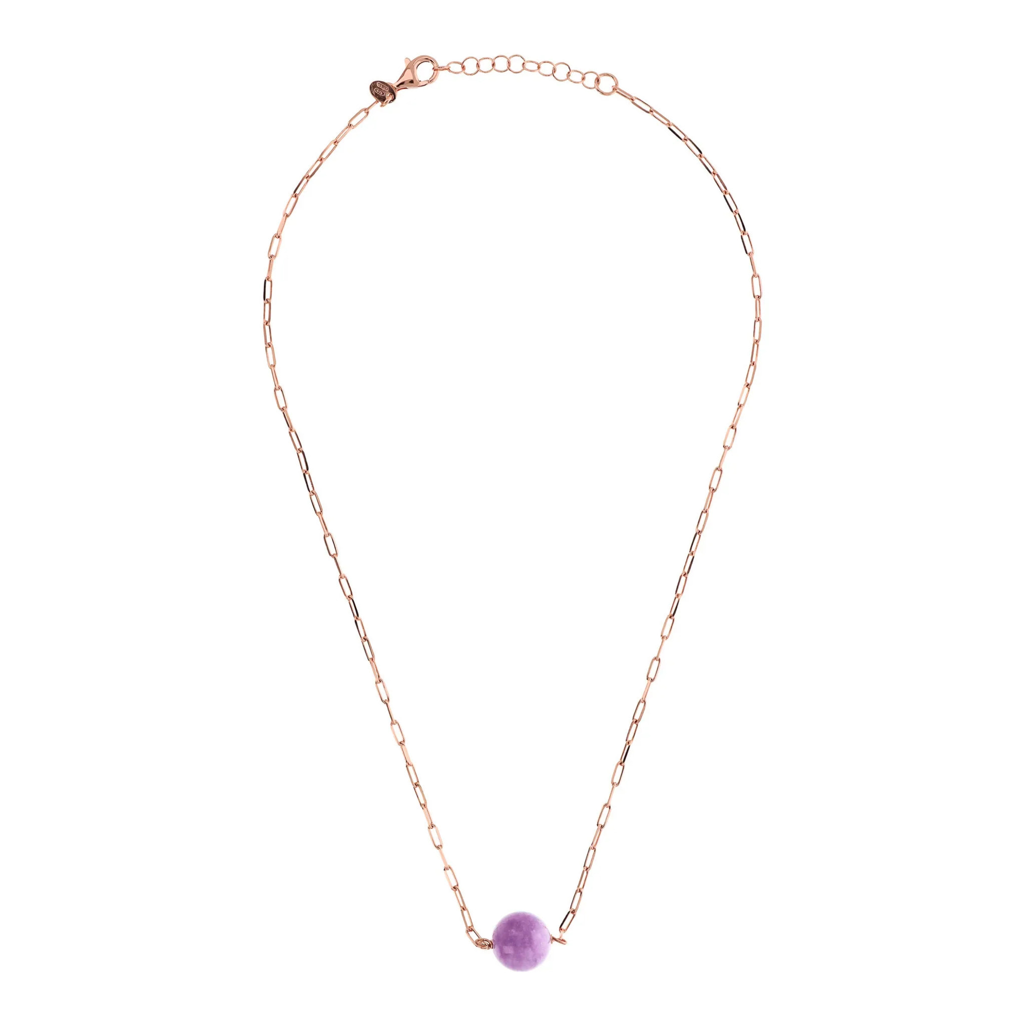 Collana Catena Forzatina con Pendente Sferico in Pietra Naturale Quarzite Viola in Argento 925 placcato Oro rosa 18Kt