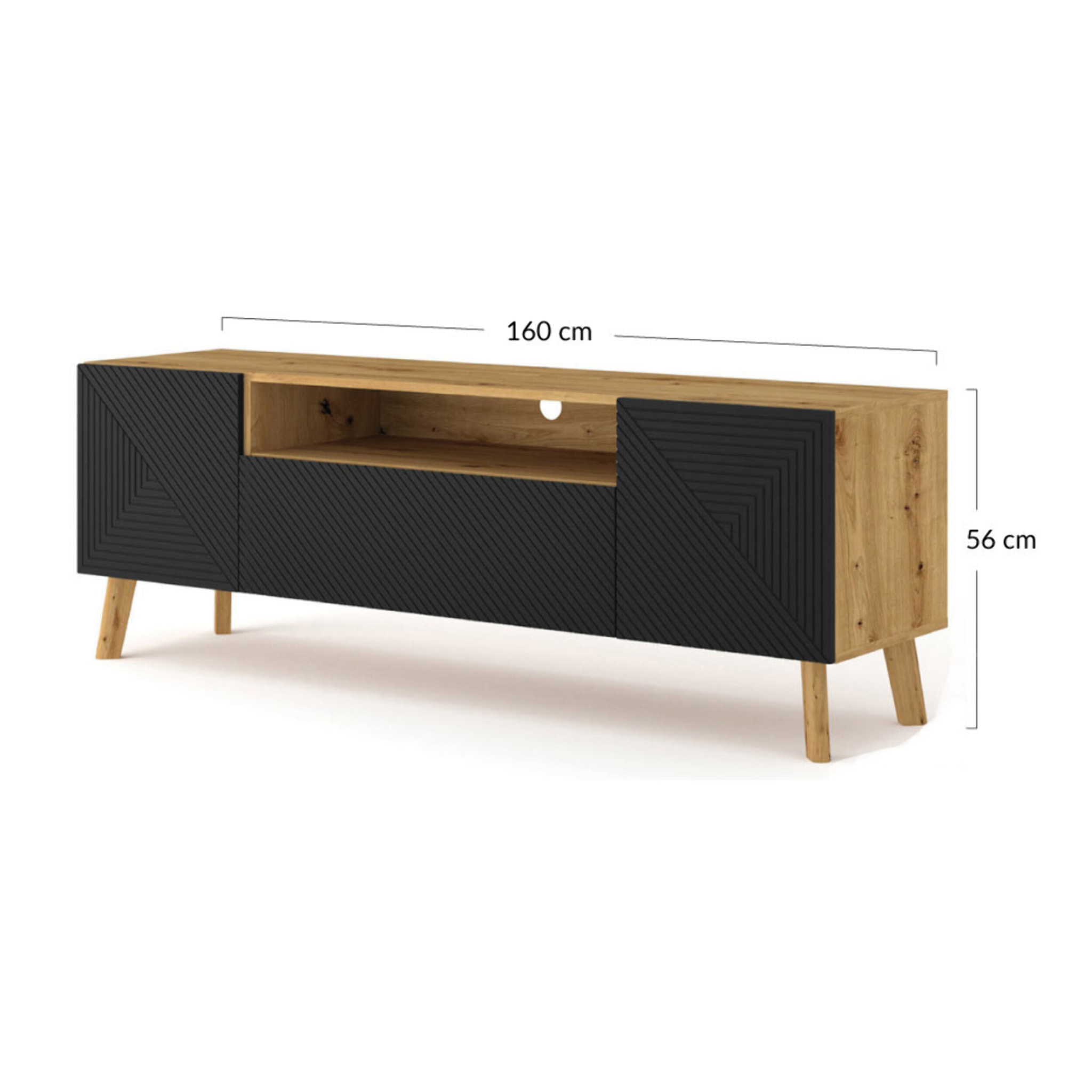 Velato - meuble tv - effet bois et noir - 3 portes et 1 niche - 160 cm - Bois / Noir