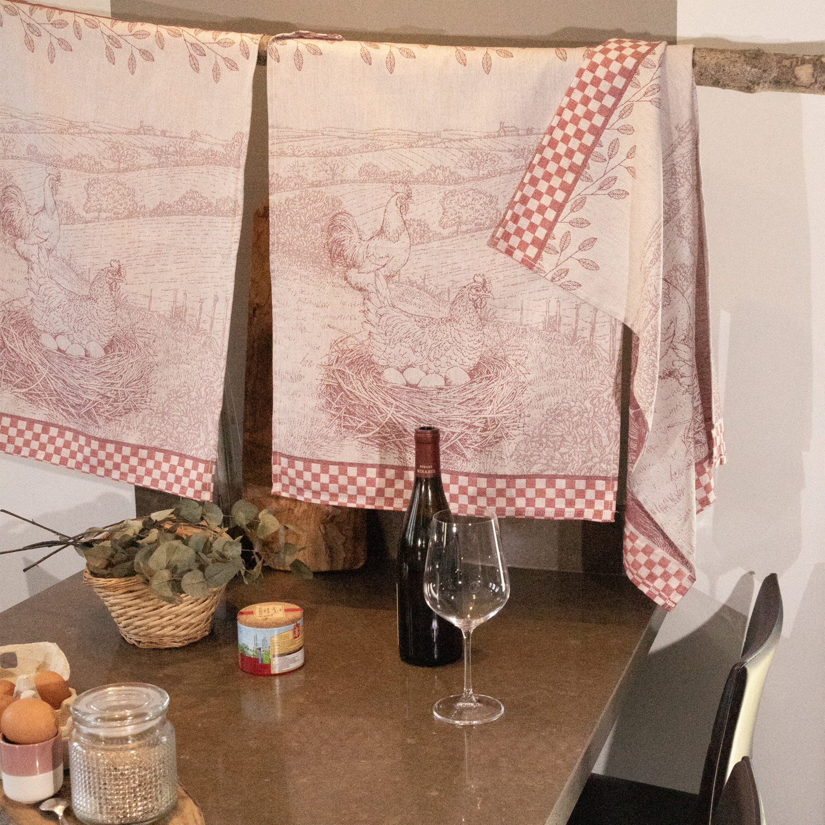 Torchon en coton poule campagne - Rouge