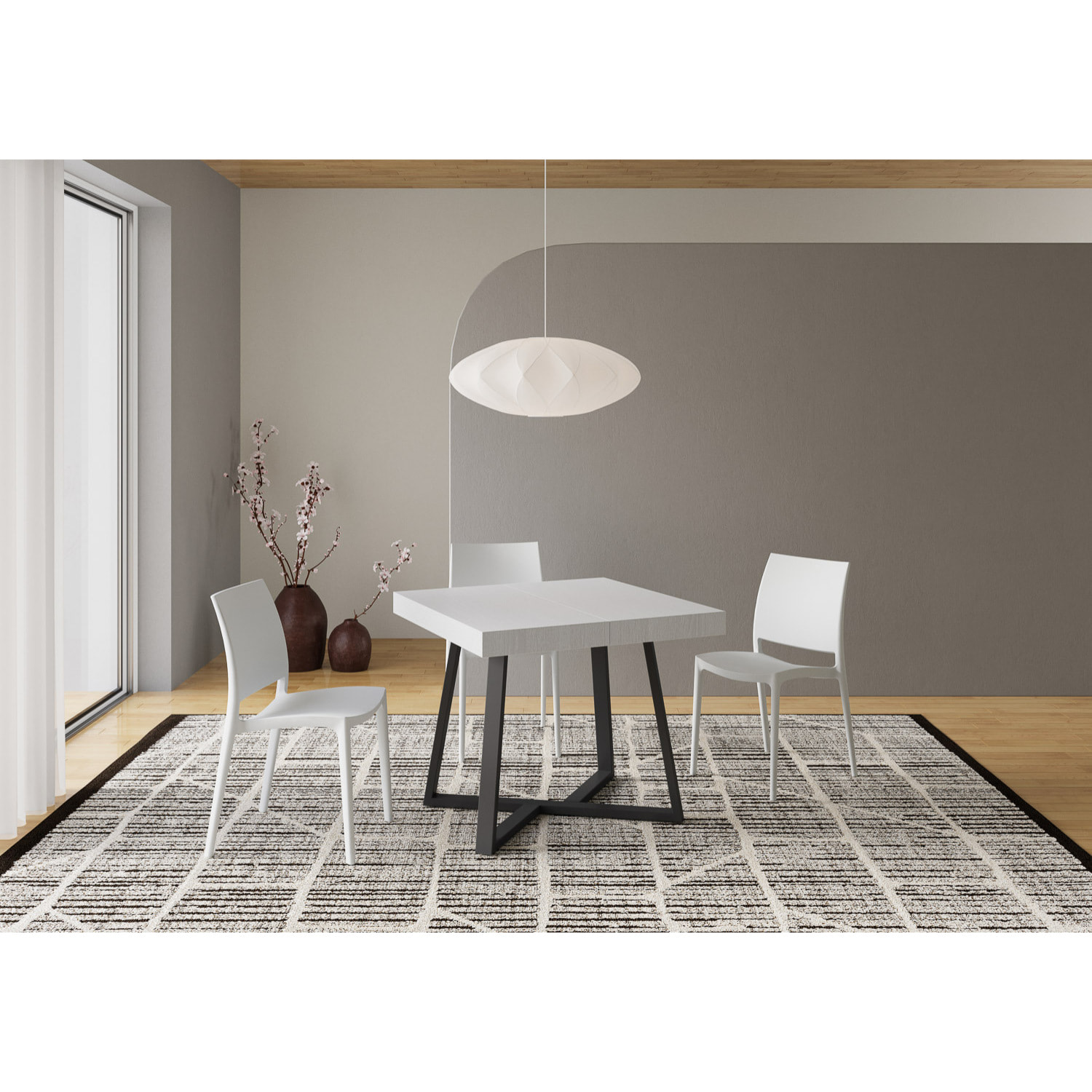 Mesa extensible 90x90/194 cm Zeplir fresno blanco patas antracita