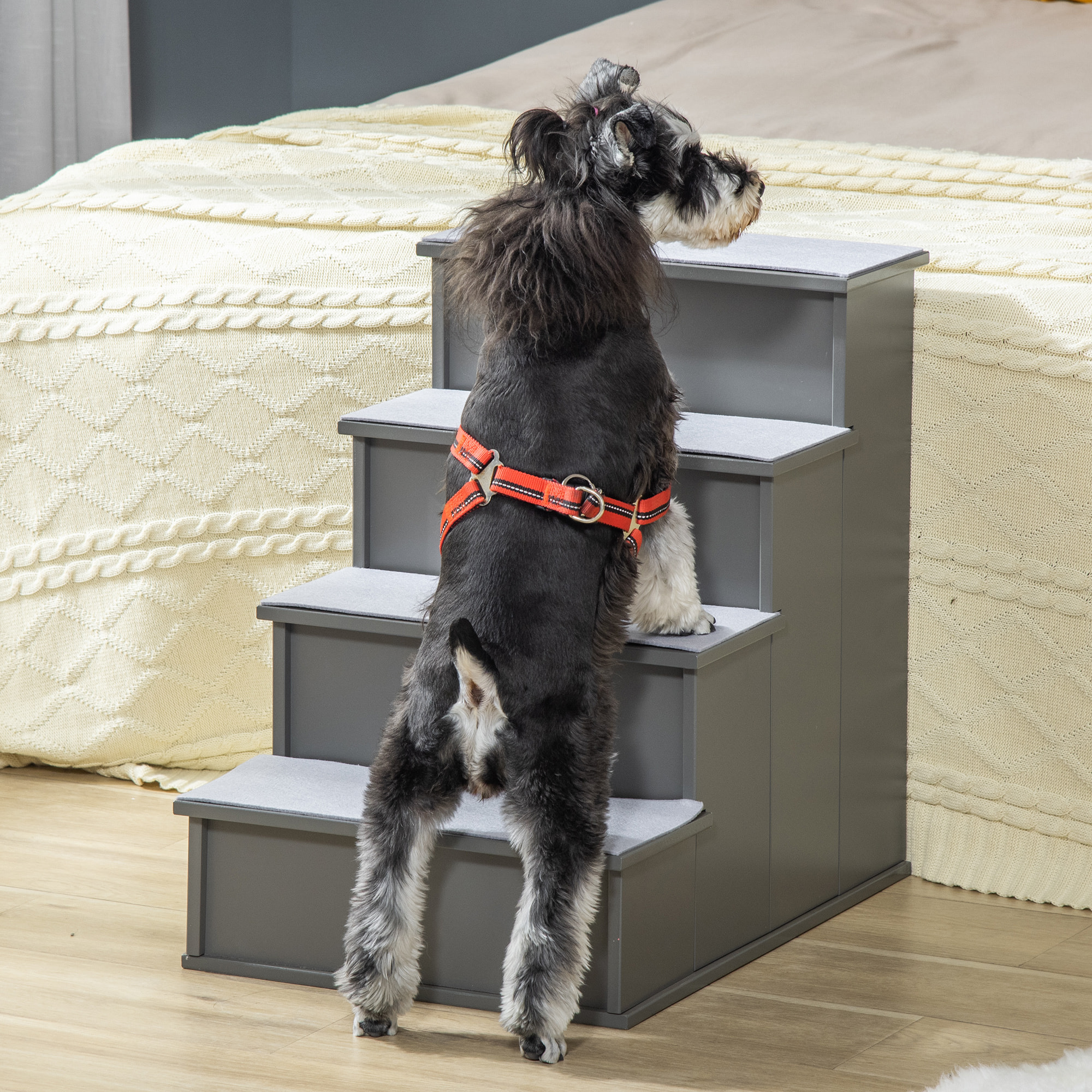 Escalera para Perros de 4 Peldaños Escalera para Mascotas Escalones para Perros Gatos con Acolchados Desmontables Carga 30 kg para Cama Sofá 40x59x54,2 cm Gris