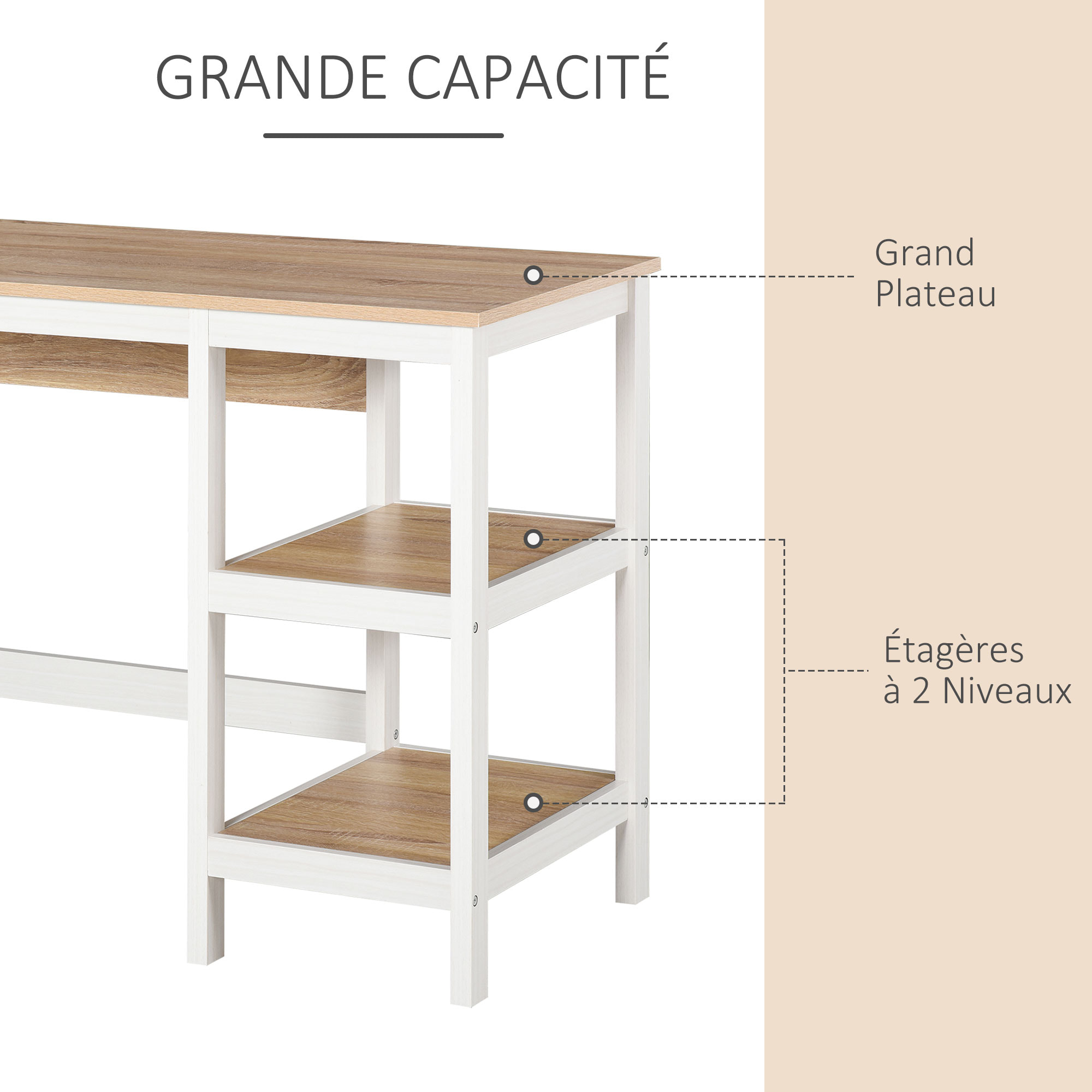 Bureau informatique multimédia dim. 110L x 48l x 76H cm 2 étagères latérales MDF E1 chêne clair blanc