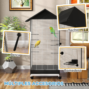 Jaula para Pájaros con Ruedas Pajarera Metálica con Bandeja Extraíble 4 Puertas 2 Comedores 8 Perchas para Canarios Periquitos 79x65x155 cm Negro