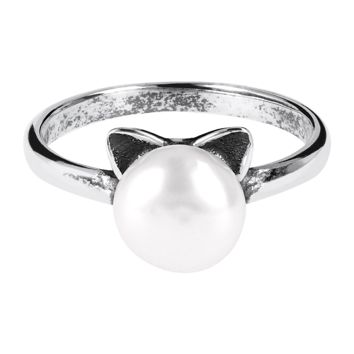 PERLAVIVA - Anello Solitario Gatto in Argento 925 placcato Rodio con Perla Bianca d'Acqua Dolce Ø8mm