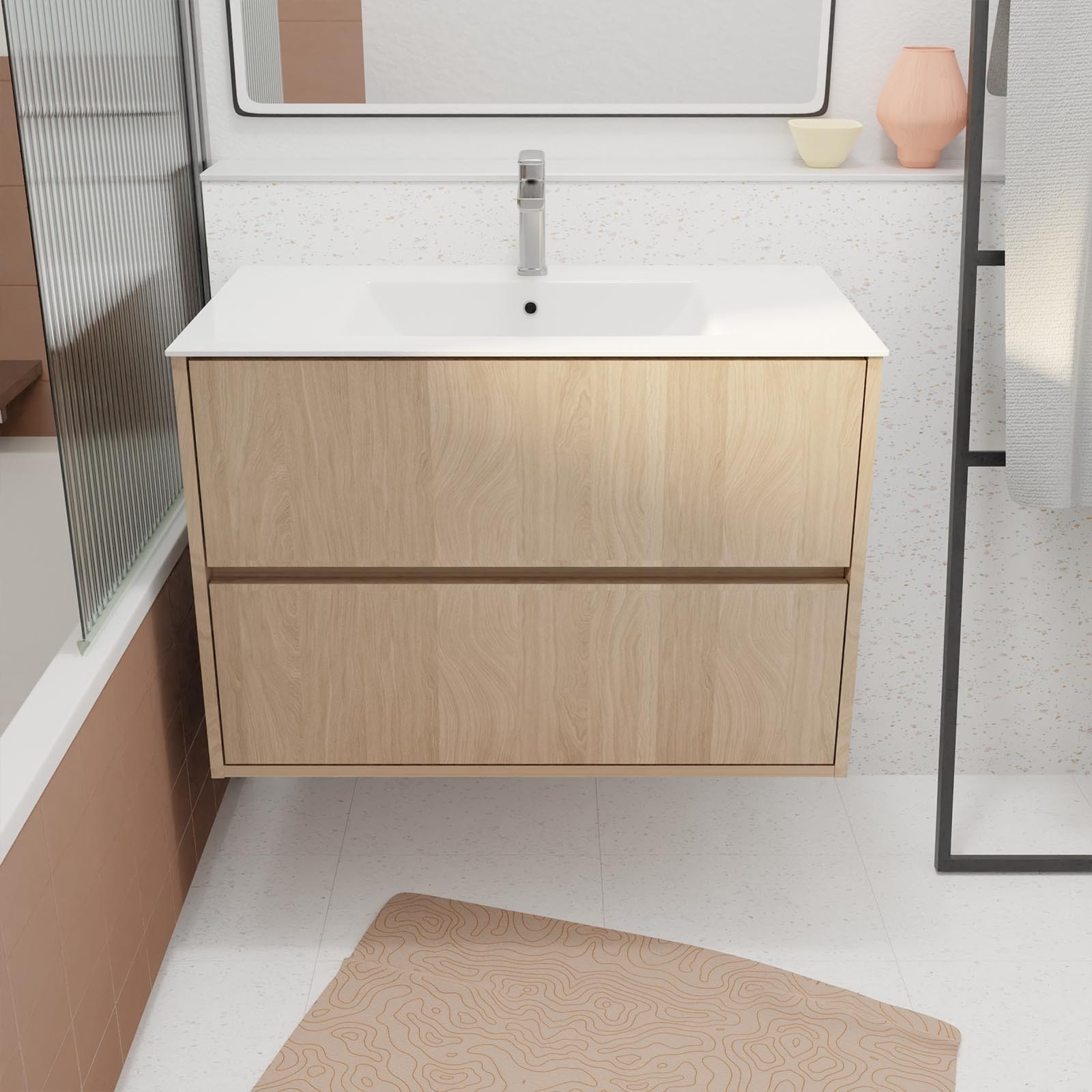 Pack Meuble Salle de Bains 80 cm Chêne Clair, 2 tiroirs avec Vasque Céramique - XENOS