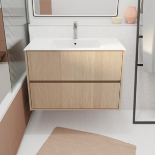 Pack Meuble Salle de Bains 80 cm Chêne Clair, 2 tiroirs avec Vasque Céramique - XENOS