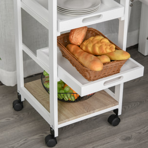 Chariot de service desserte de cuisine à roulettes 2 plateaux amovibles, tiroir, étagère MDF chêne clair bois pin blanc