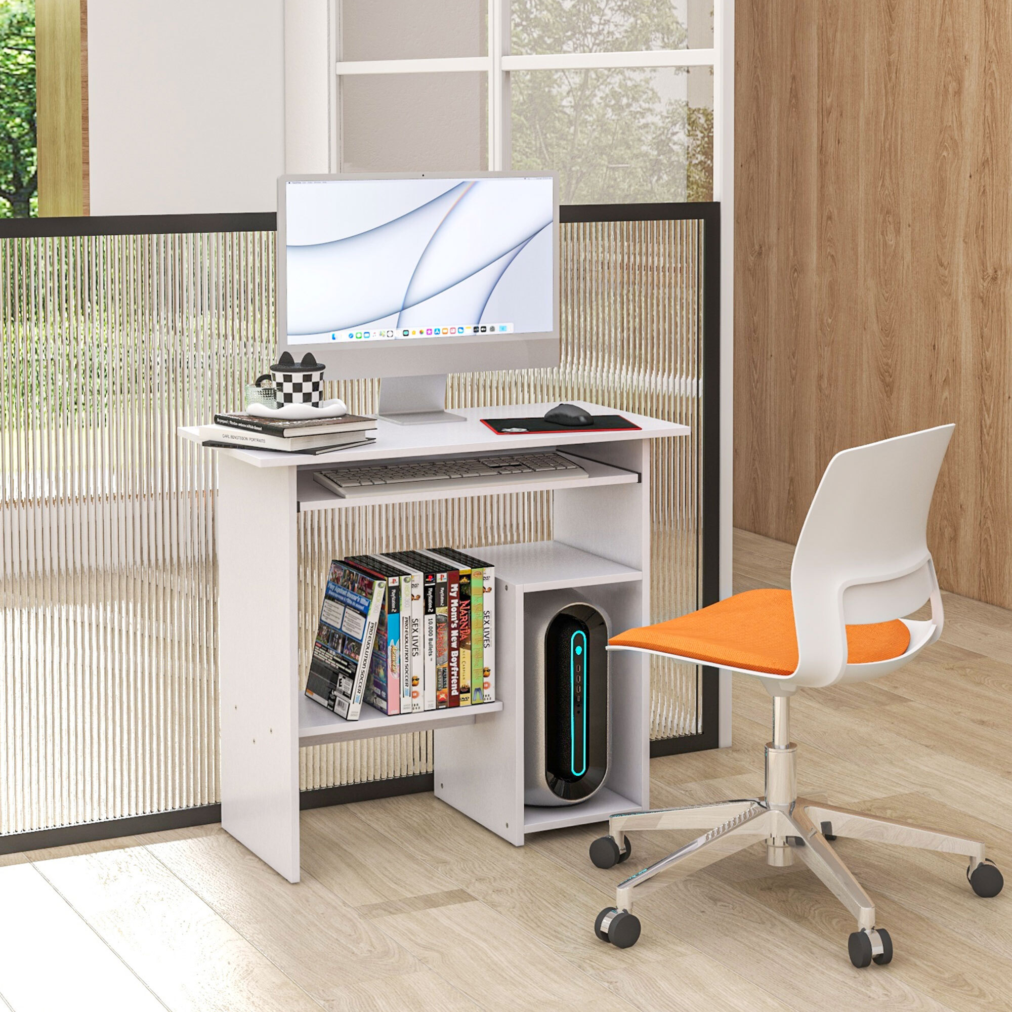 Bureau informatique compact 80 x 45 x 75 cm - espace unité centrale, étagère, tablette clavier - effet bois blanc