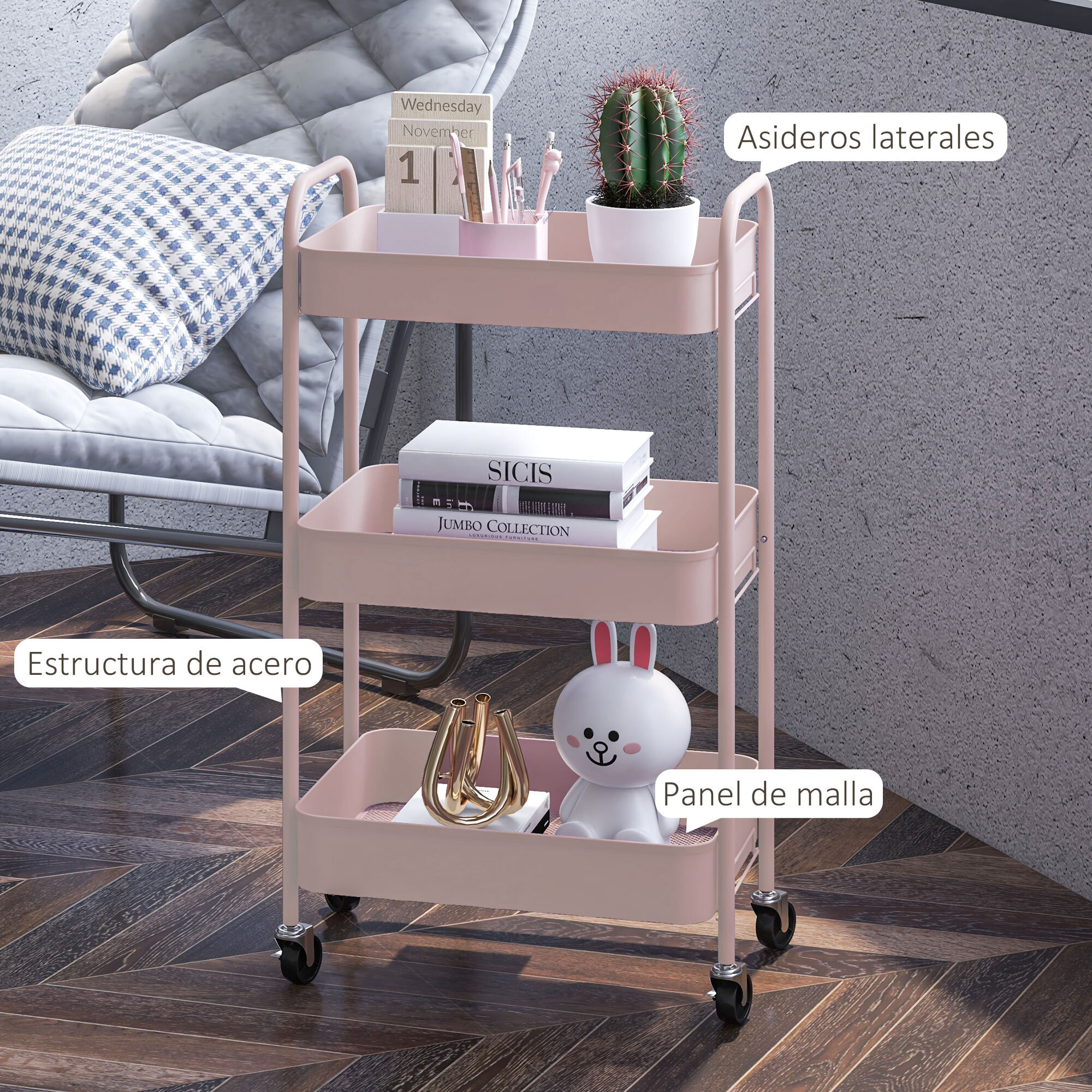 HOMCOM Carrito Auxiliar con Ruedas Carrito de Almacenamiento con 3 Cestas y Marco de Acero para Salón Dormitorio Oficina Cocina 45x30,6x79 cm Rosa