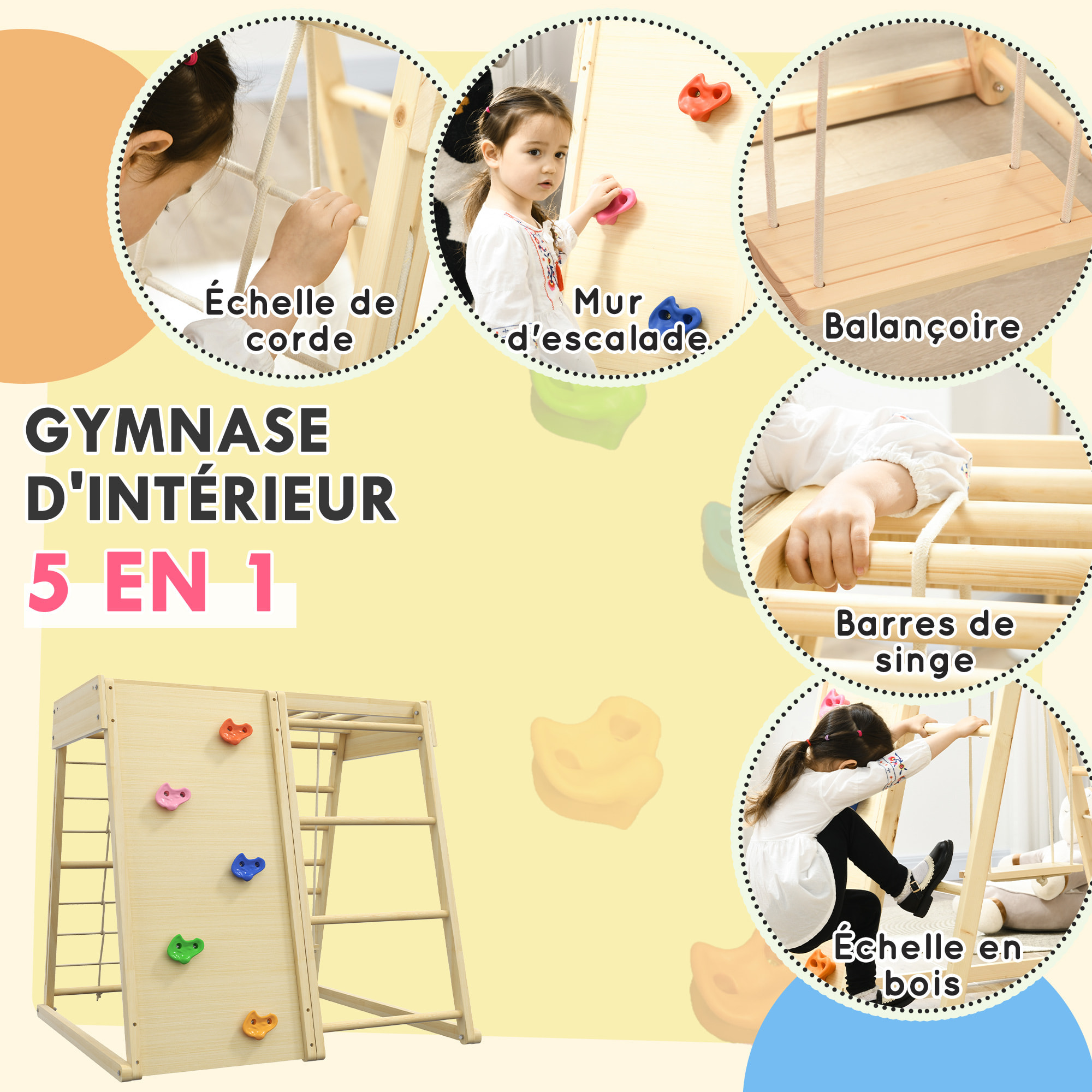 Ensemble d'escalade aire de jeux 5 en 1 avec balançoire, mur d'escalade, filet à grimper, échelle horizontale, jouets d'escalade pour enfants, 120 x 105 x 120 cm, bois naturel