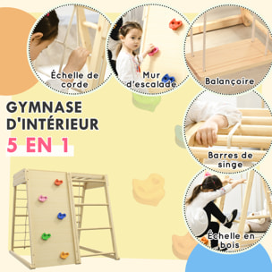 Ensemble d'escalade aire de jeux 5 en 1 avec balançoire, mur d'escalade, filet à grimper, échelle horizontale, jouets d'escalade pour enfants, 120 x 105 x 120 cm, bois naturel