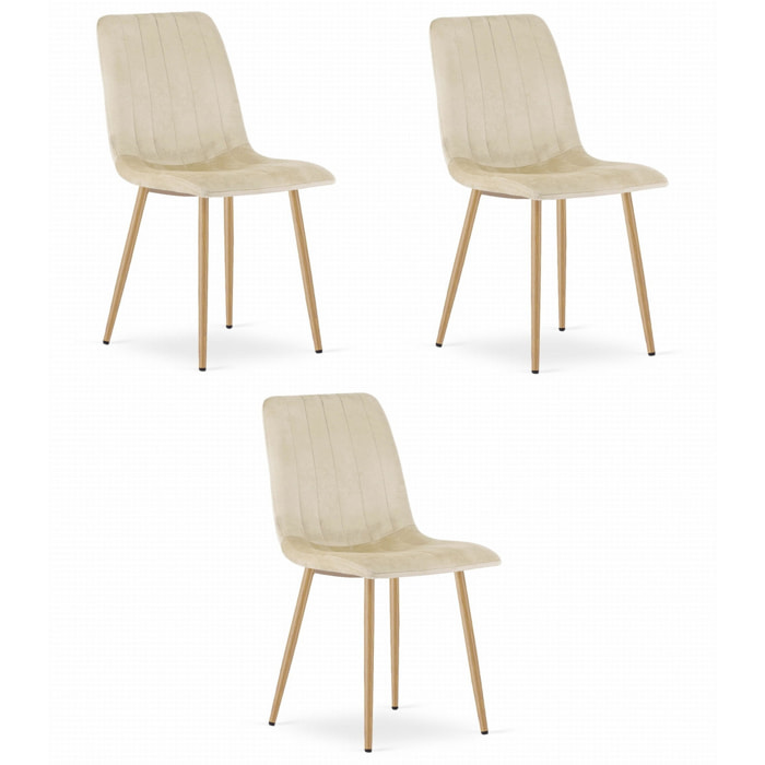Set di 3 sedie Lava in velluto beige e gambe effetto legno