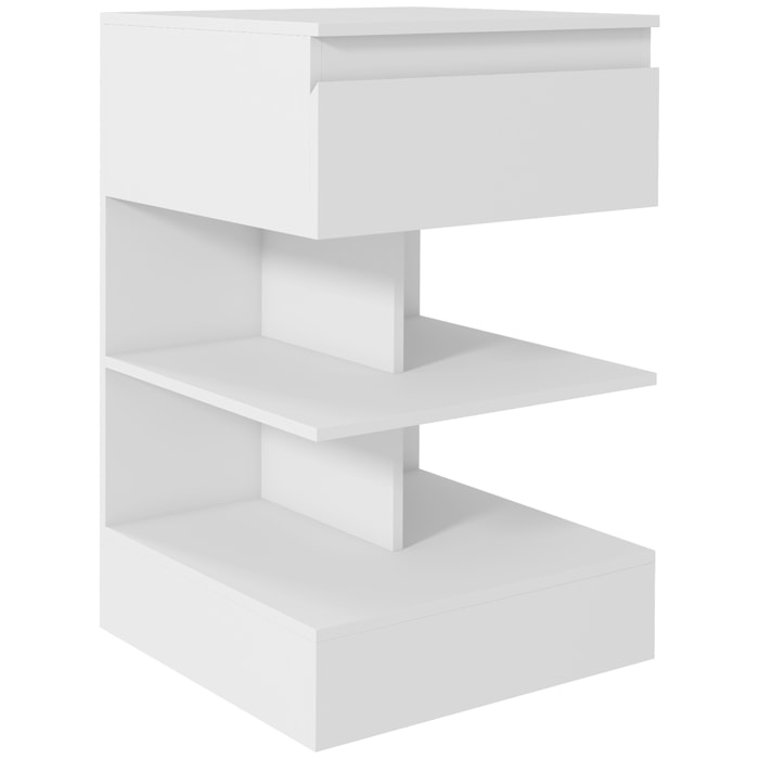 Mesita de Noche Mesa Auxiliar con Cajón y 2 Estantes Abiertas para Dormitorio Salón Cama Oficina Estilo Moderno 39x39x65 cm Blanco
