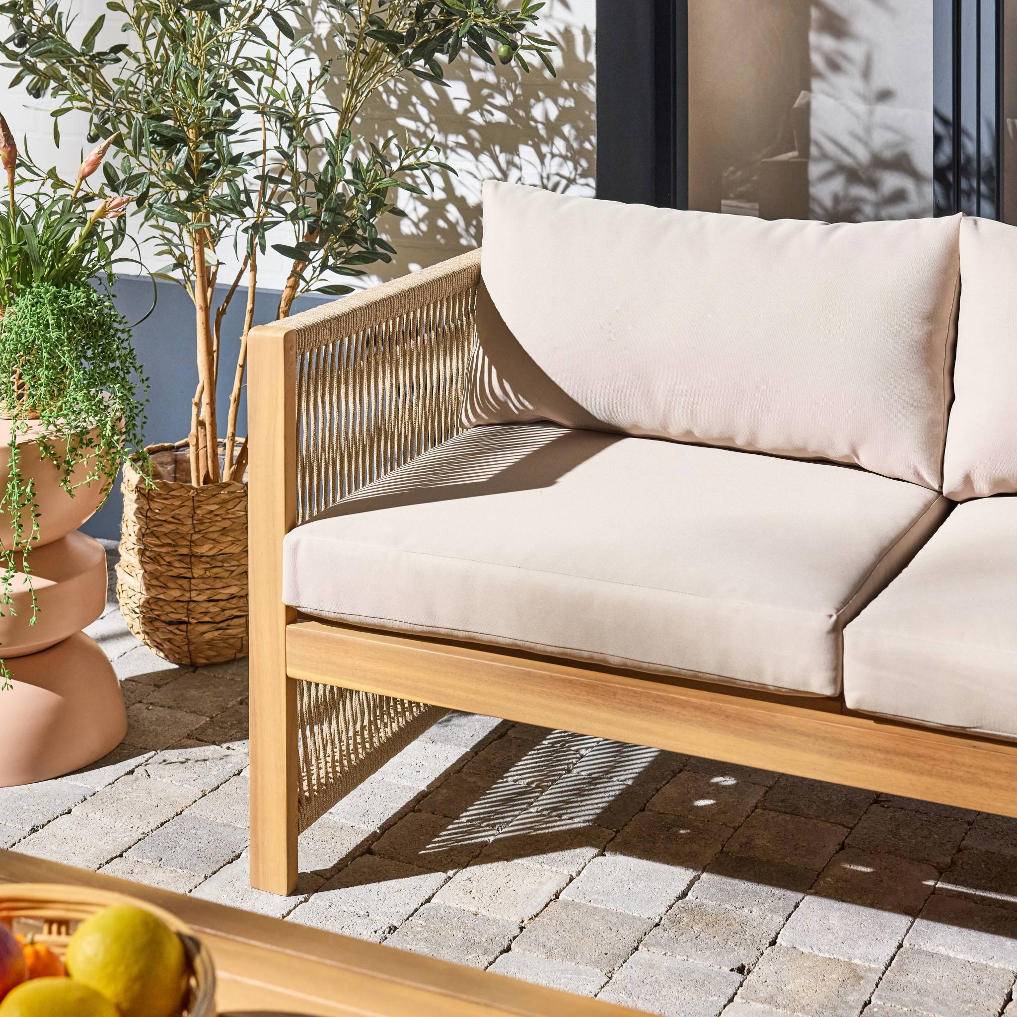 Salon de jardin d'angle bois d'acacia et corde 3 places MEDINA