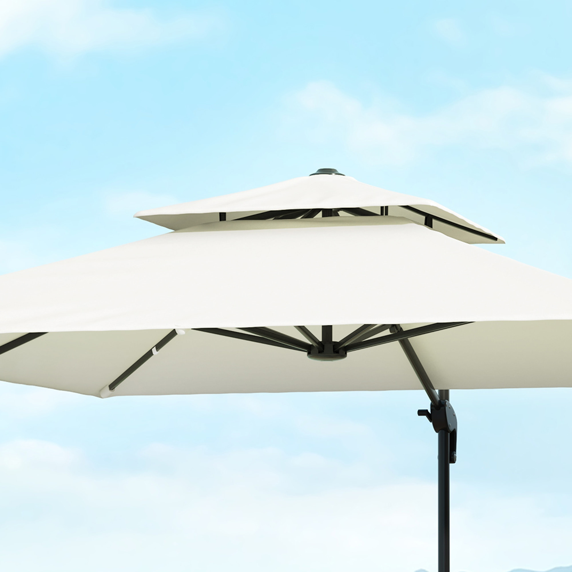 Parasol déporté carré double toit inclinable pivotant manivelle lestage inclus acier polyester écru